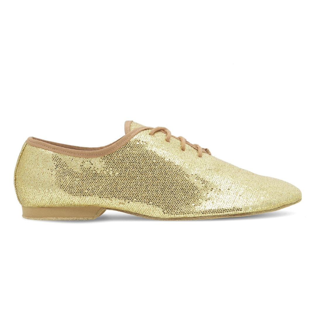 Der Rumpf JZE79 So Danca Gold Jazzschuh verfügt über glänzendes Material, braune Schnürsenkel und einen flachen Absatz.